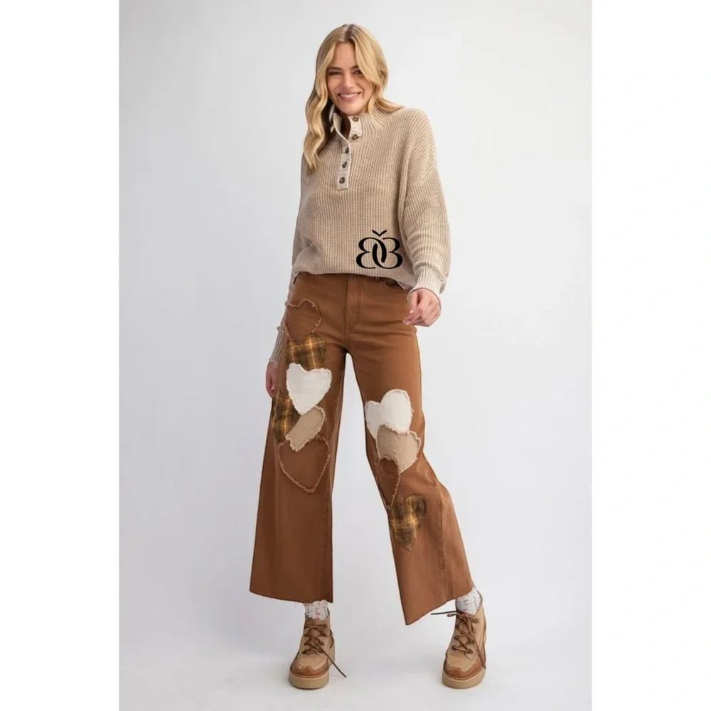 Easel Wood Brown Heart Patch Wide Leg Jeans | High Waist Stretchy Boho Denim - Picture 6 of 7